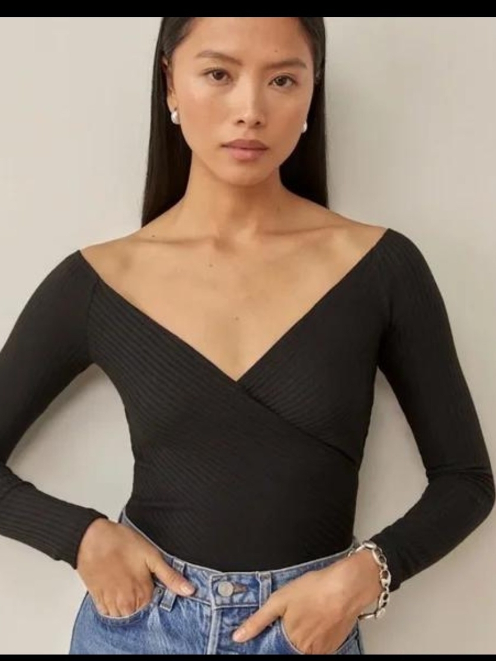 Reformation Black Ribbed Wrap V-Neck